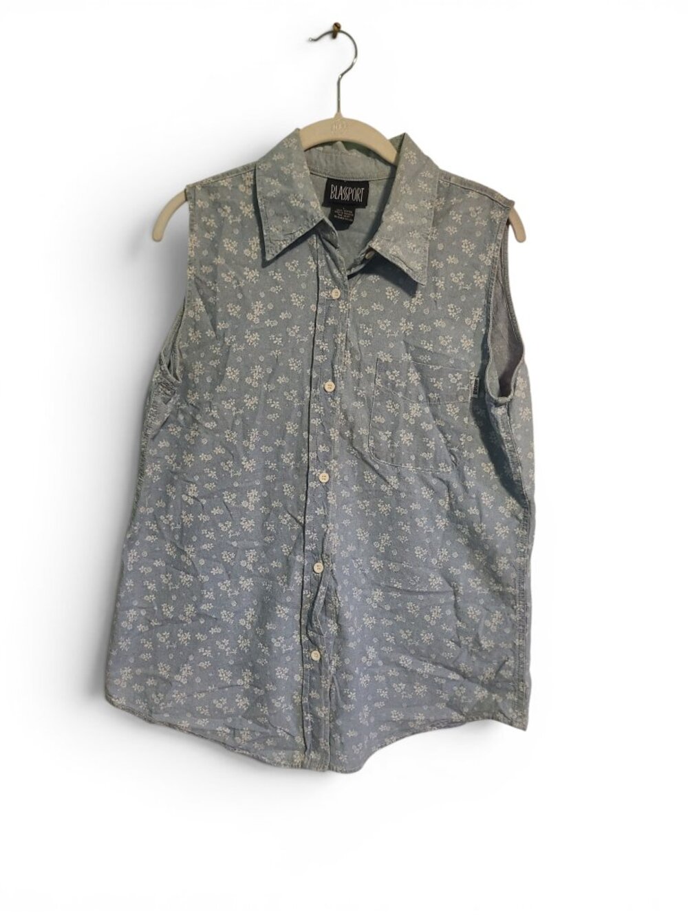 Vintage 90s Soft Denim Floral Button Up Sleeveless Tank Top Blouse Size Large